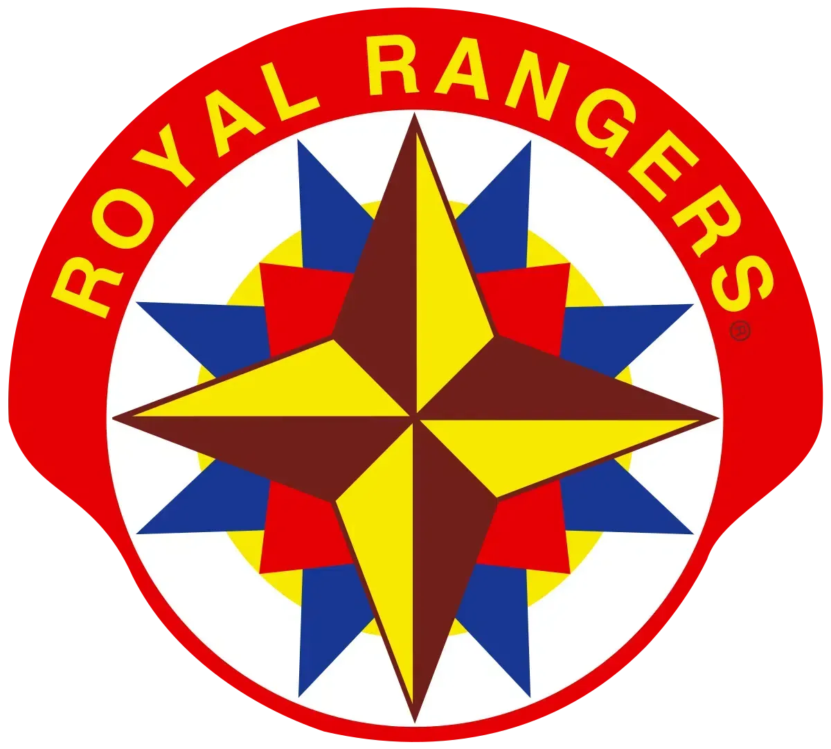 Royal Rangers logo: red ring with yellow text, compass rose design, blue, yellow, and red colors.