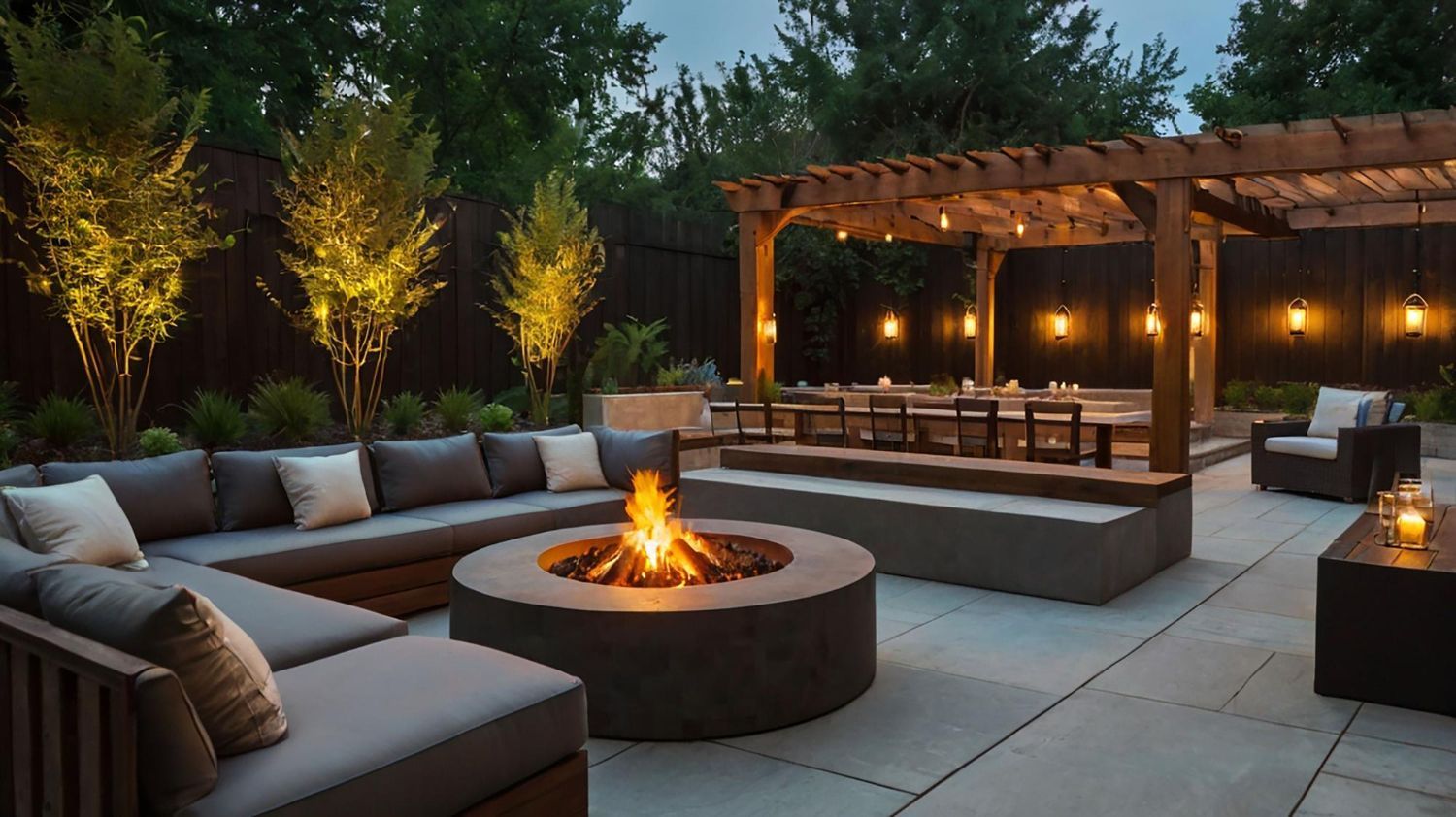 Outdoor patio with fire pit, seating area, pergola, and trees at dusk.