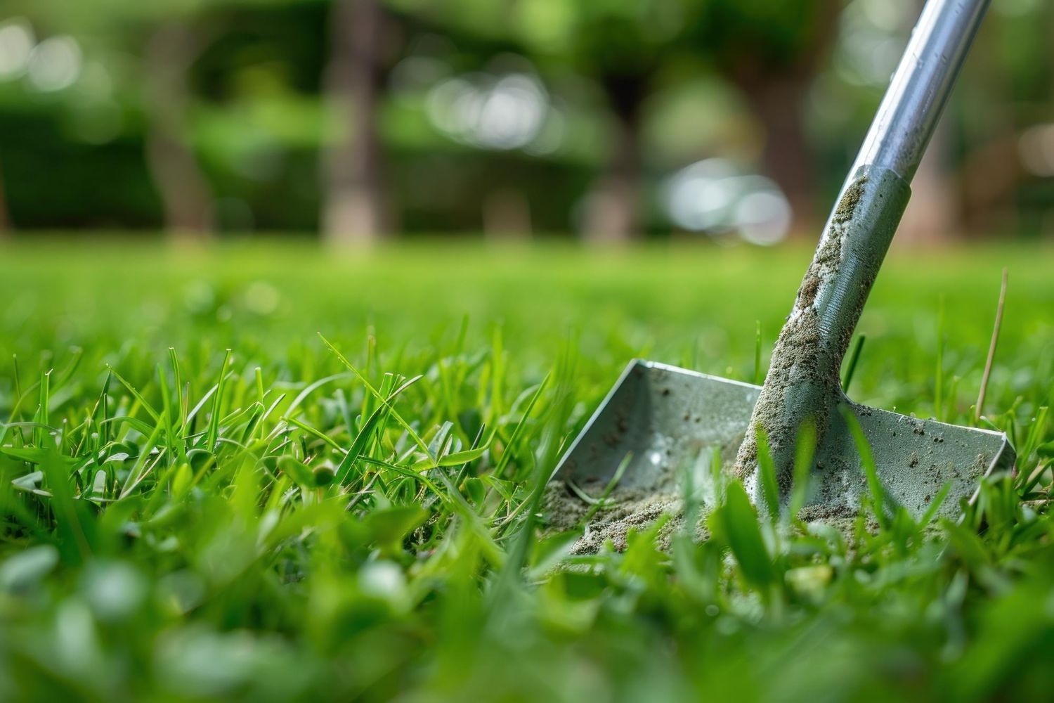 Shovel in lush green grass, ready for digging in a sunny garden.