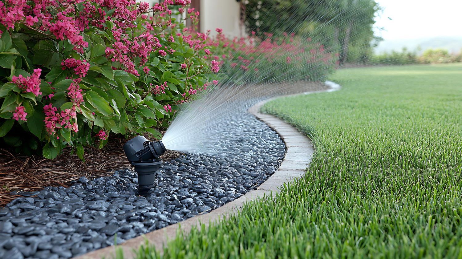 Lawn sprinkler watering a flower bed with pink blooms and green grass along a curved border.