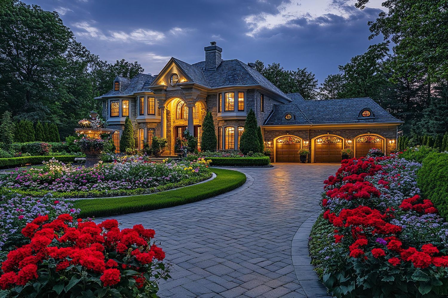Luxurious mansion with illuminated windows, flower gardens, and a brick driveway at dusk.