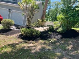 A garden in front of a house with a red car parked in the driveway.