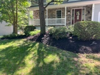 A house with a large lawn and a tree in front of it.