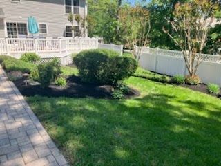 There is a brick walkway leading to the backyard of a house.
