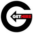 A black and white logo for gethire with an arrow pointing to the left