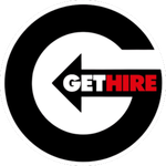 A black and white logo for gethire with an arrow pointing to the left