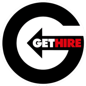 A black and white logo for gethire with an arrow pointing to the left