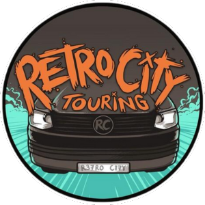 A logo for retro city touring shows a black van