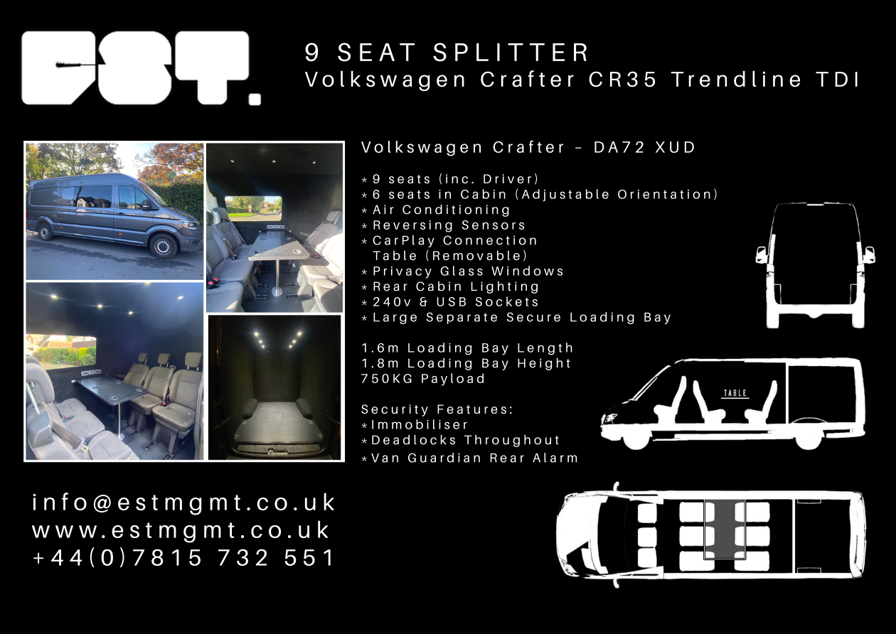 An advertisement for a 9 seat splitter for volkswagen crafter