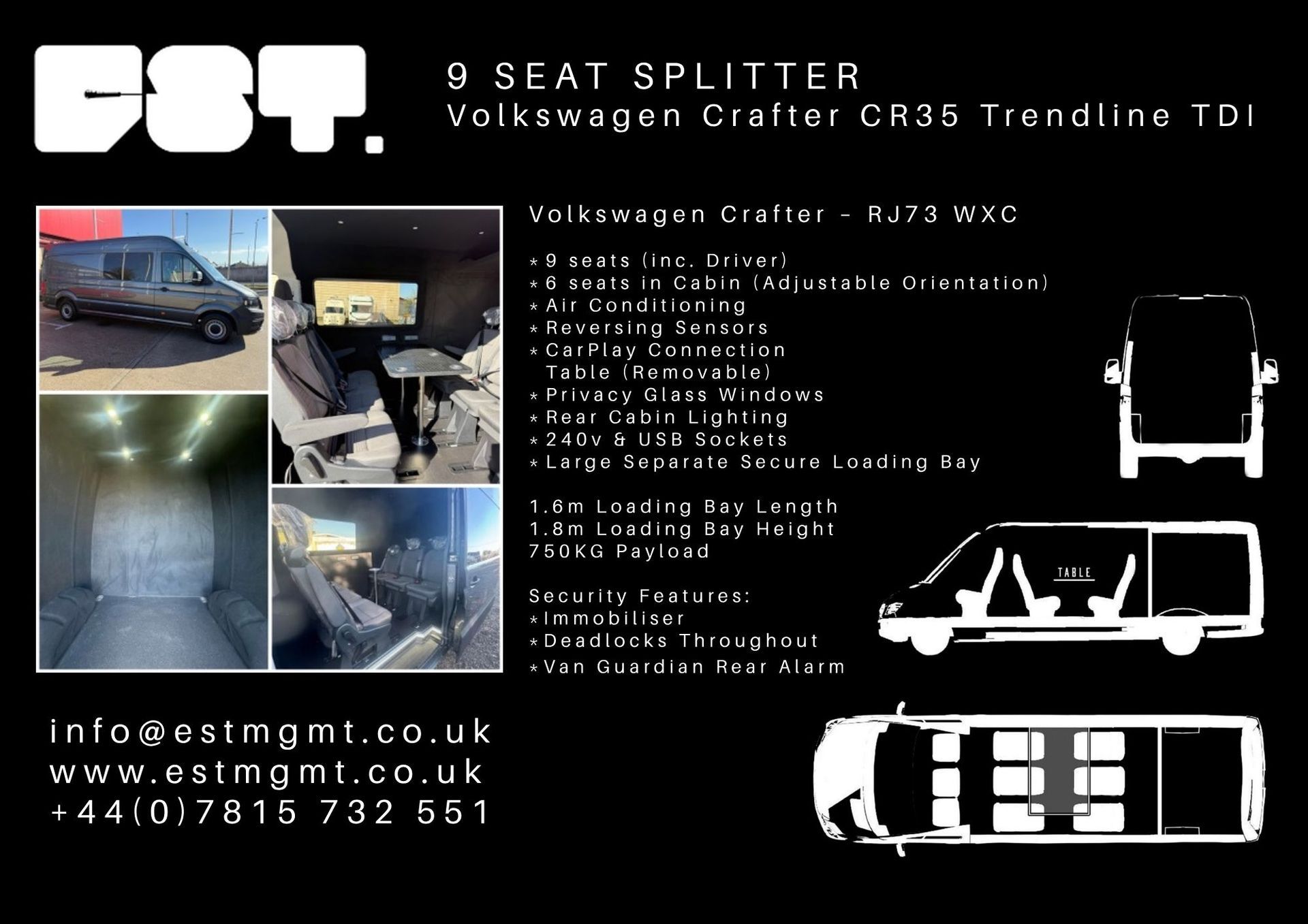 An advertisement for a 8 seat splitter volkswagen crafter