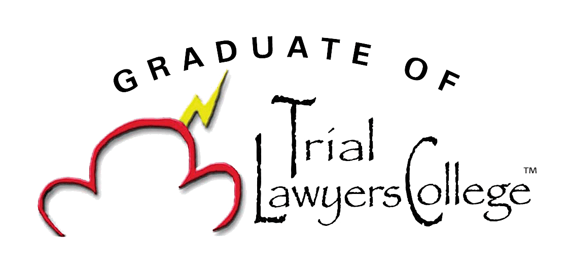 Logo for Trial Lawyers College: Red cloud with yellow lightning, text reads