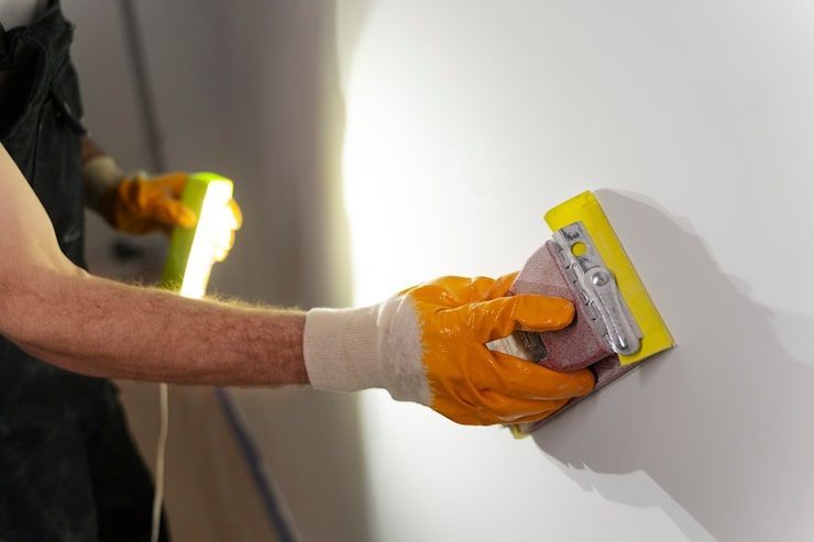 Person using a yellow sanding block to smooth a white wall during home renovation