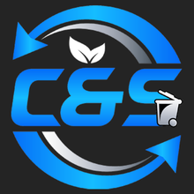 Logo with blue arrows recycling around "C&S", with a leaf and a trash can.