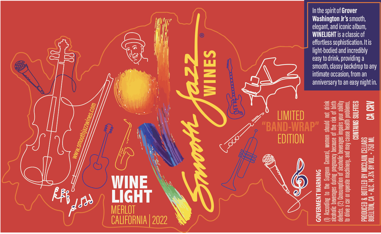 Red label for Smooth Jazz Wines, Wine Light Merlot, California 2022, decorated with colorful musical instrument sketches.