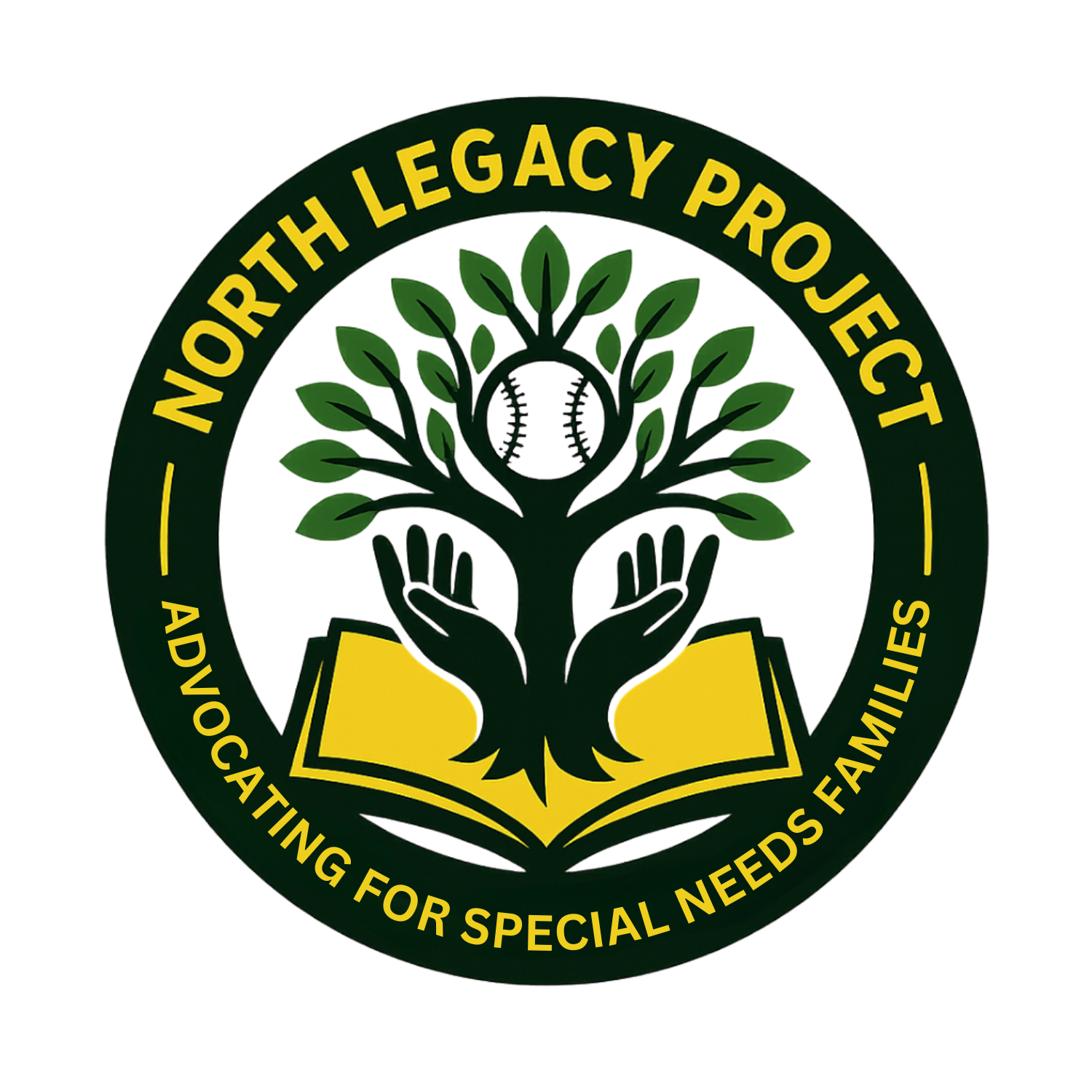 North Legacy Project logo with baseball tree, hands over a book, and text: Advocating for special needs families.