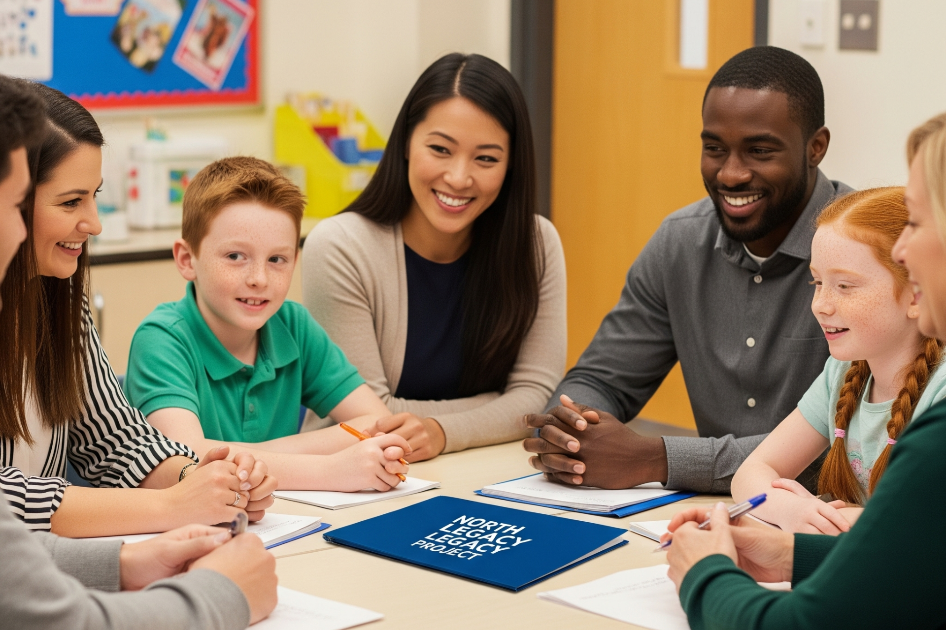 A group of people are sitting around a table in a classroom.