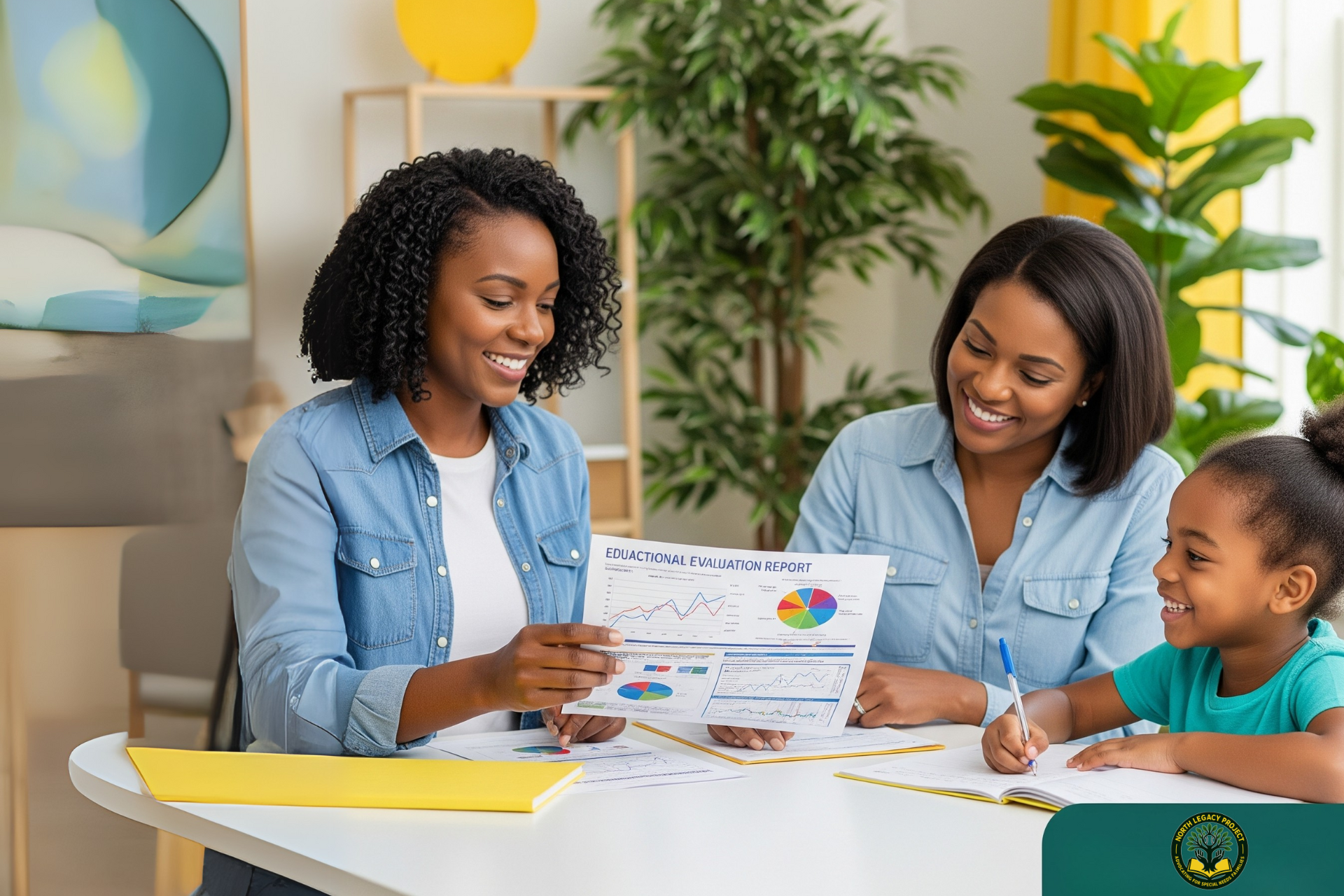 A mother and daughter are sitting at a table looking at a piece of paper.