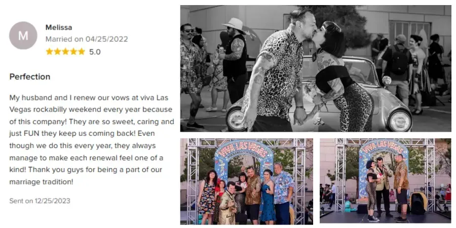Wedding photos: couple kissing, group under a floral arch, and a group next to a vintage car.