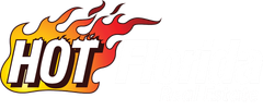 Stylized orange and red “HOT” text with flames above it on a white background