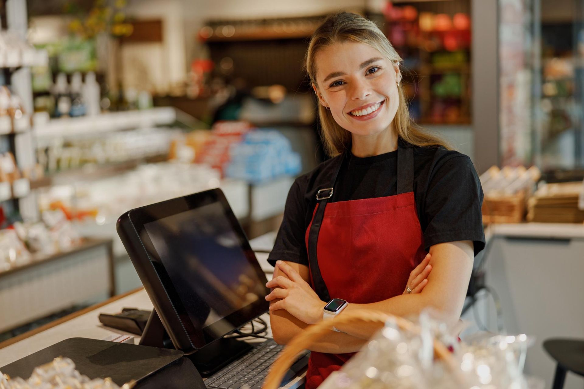 Woman in red apron smiles at the camera, standing behind a cash register in a store.