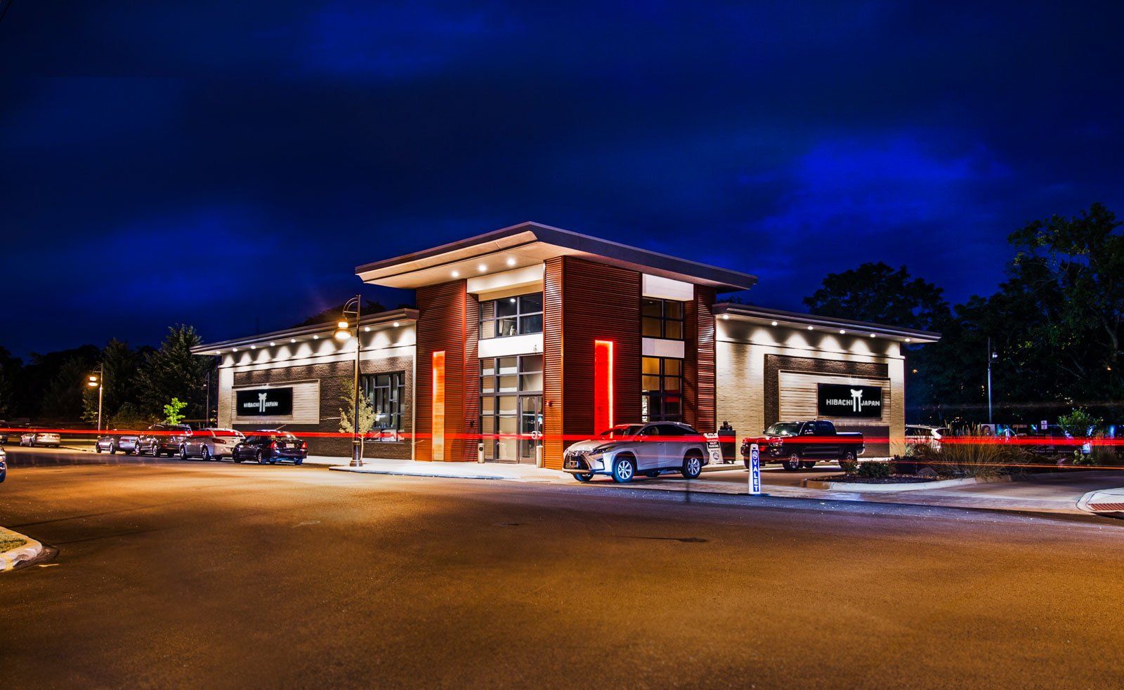 exterior lit up at night