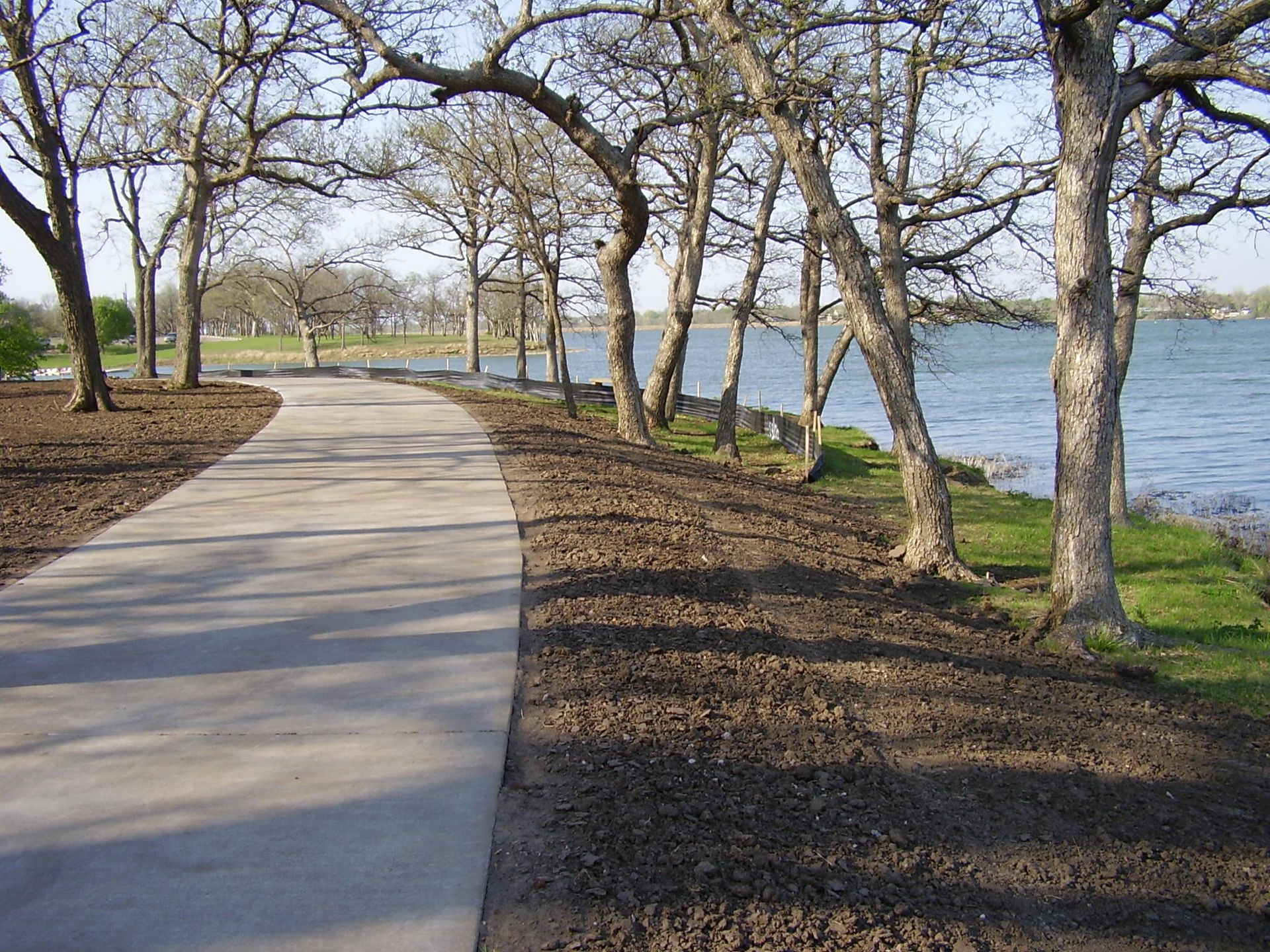 A path leading to a body of water surrounded by trees