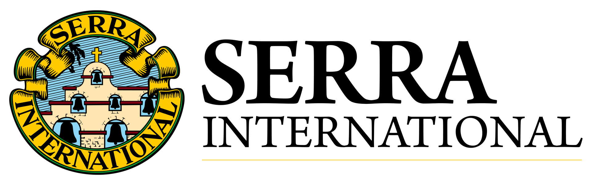A logo for serra international is shown on a white background