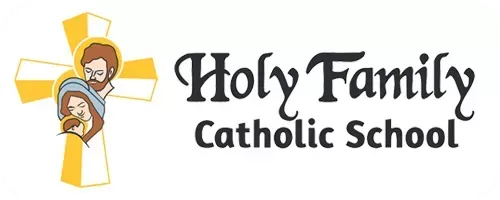 The logo for holy family catholic school shows a cross with jesus and mary on it.