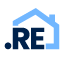 Blue house outline with “.RE” text inside and a blue dot on the left