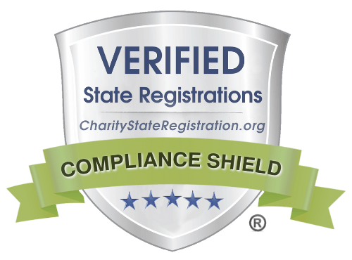 A silver shield with a green ribbon that says verified state registrations compliance shield