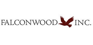 The logo for falconwood inc. has a bird on it.