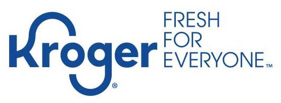 The kroger logo is blue and white and says fresh for everyone.
