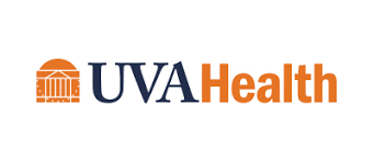 The uva health logo is orange and blue with a building in the background.