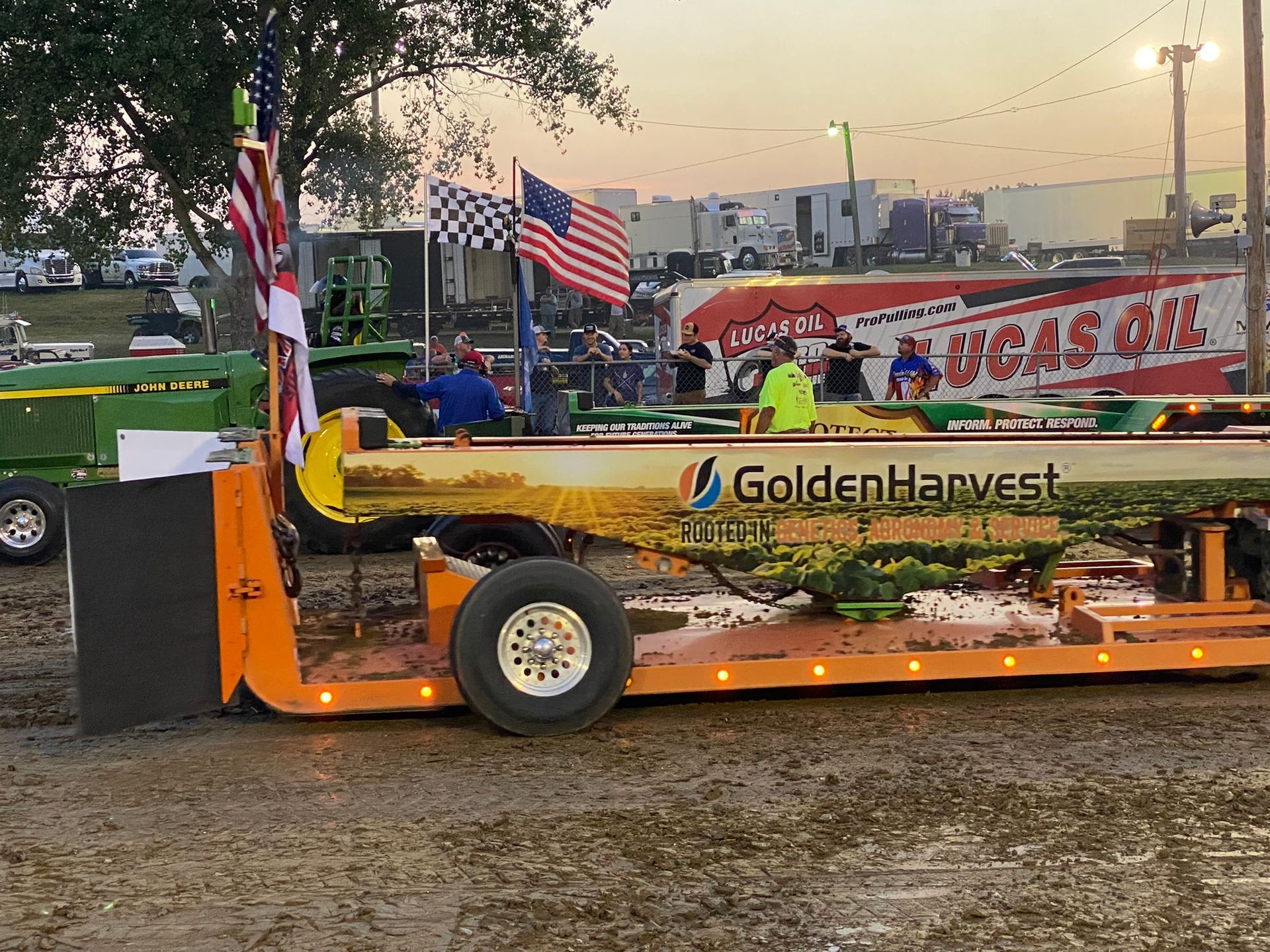 A large tractor is displayed for viewing.