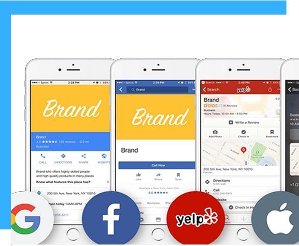 A collage of cell phones with logos for google facebook and yelp