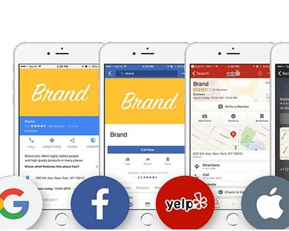 Smartphones displaying a business's brand on Google, Facebook, Yelp, and Apple Maps, each with their logos below.