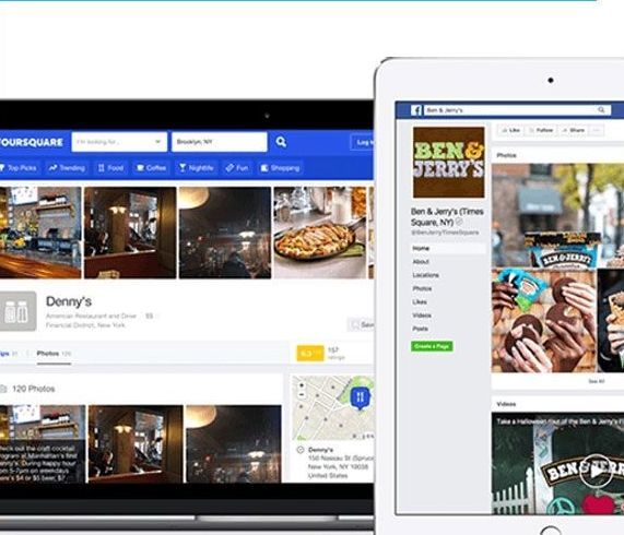Two tablets displaying social media profiles. One shows a Foursquare page for Denny's and the other shows a Facebook page for Ben & Jerry's ice cream.