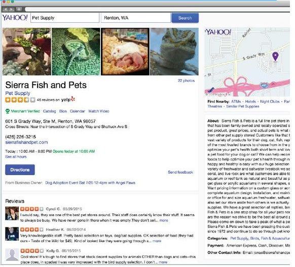 Yahoo! listing for Sierra Fish and Pets in Renton, WA, featuring photos, address, map, reviews, and business information.