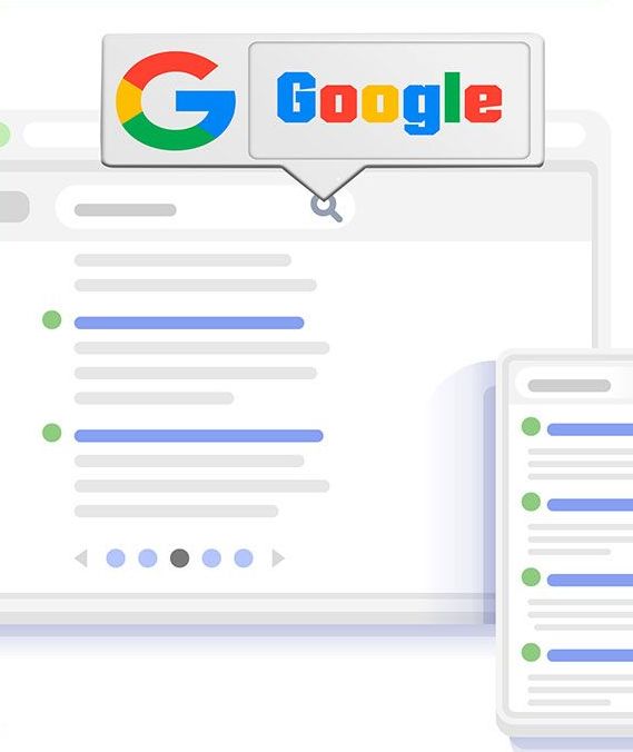 A Google search interface on a computer and mobile device, with the Google logo floating above the computer screen.