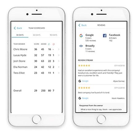 Two cell phones showing a google review and a facebook review