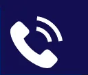 White phone icon with radiating sound waves on a dark blue background, indicating a phone call.