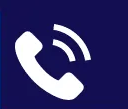 White phone icon with sound waves on a dark blue background.