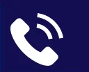 White phone receiver icon on a dark blue background, with sound wave indicators.