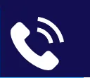 White telephone handset icon with sound waves on a dark blue background.