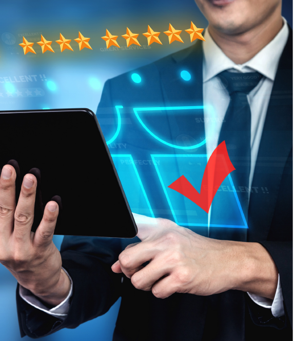 Man in a suit holding a tablet, with a digital graphic overlay showing stars and a checkmark indicating positive reviews.