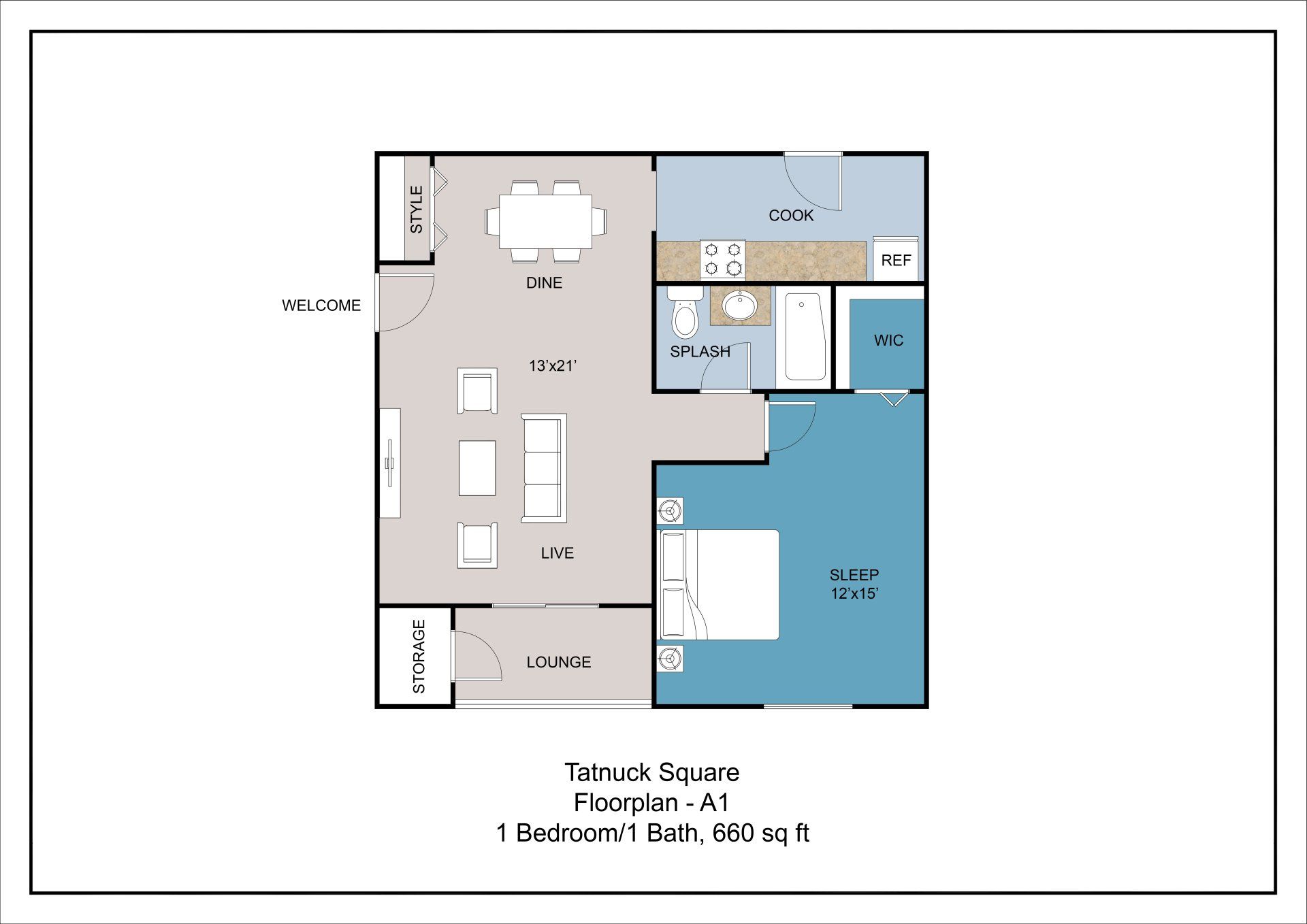 Floor plan A1 - 1 bedroom, 1 bathroom, 660 square feet