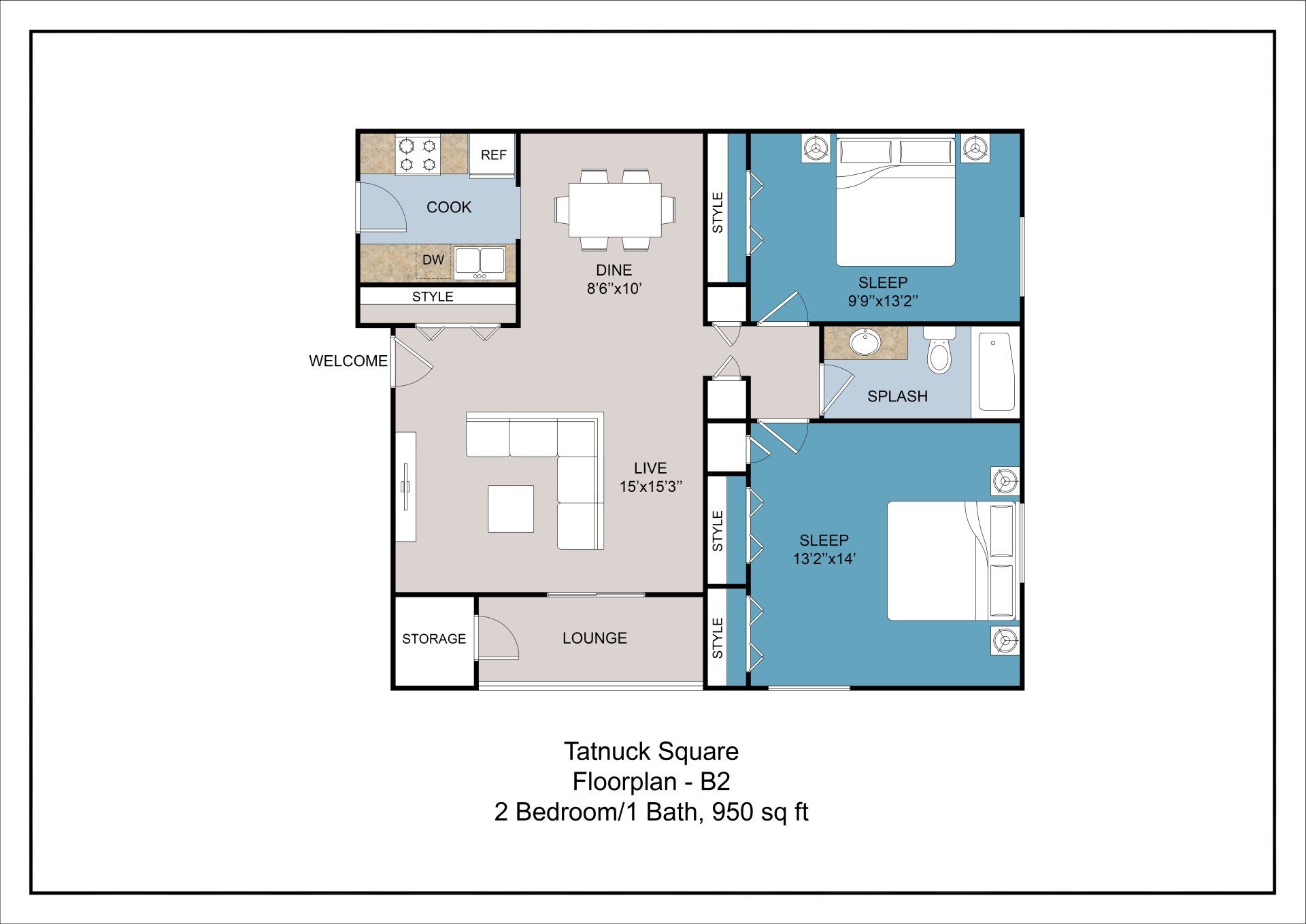 Floor plan B2 - 2 bedroom, 1 bathroom, 950 square feet
