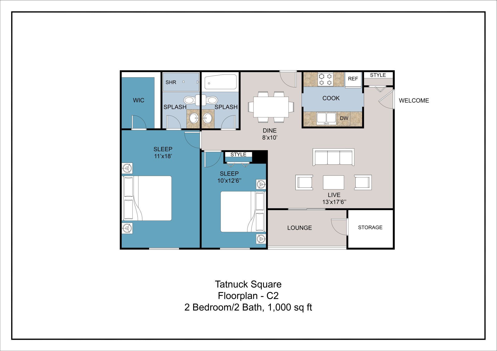 Floor plan C2 - 2 bedroom, 2 bathroom, 1,000 square feet