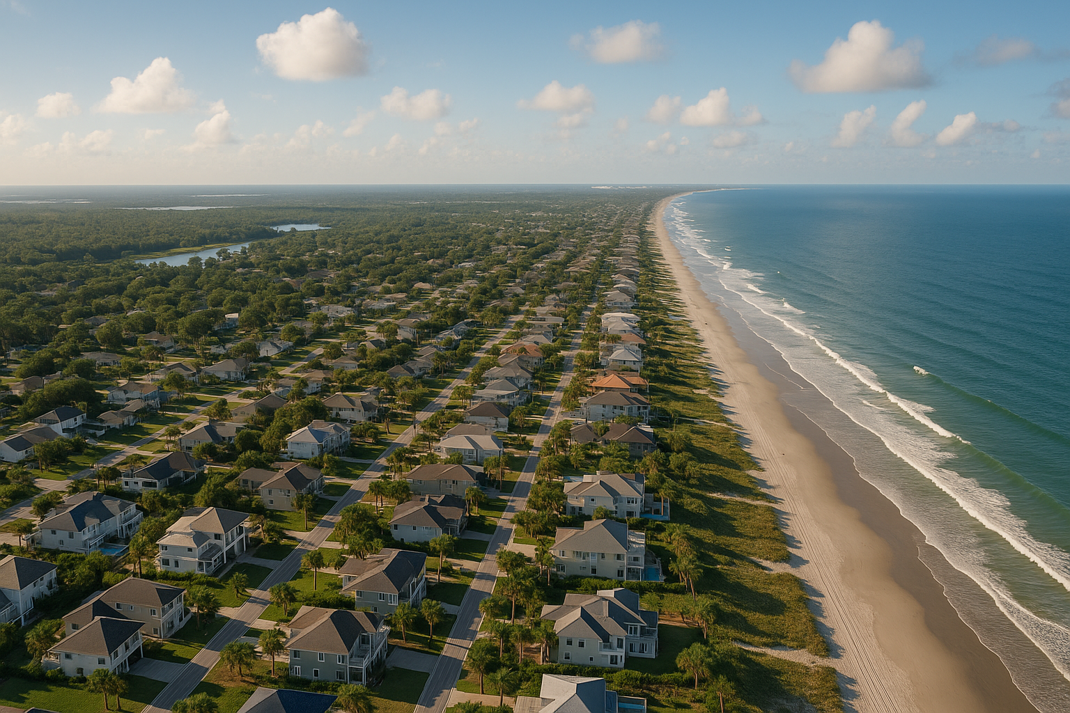 An aerial view of a residential area with a river running through it