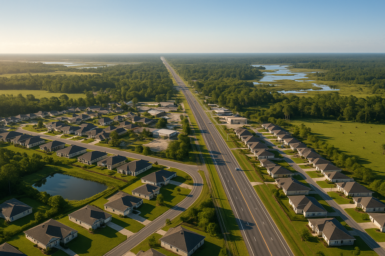 An aerial view of a residential area with a river running through it